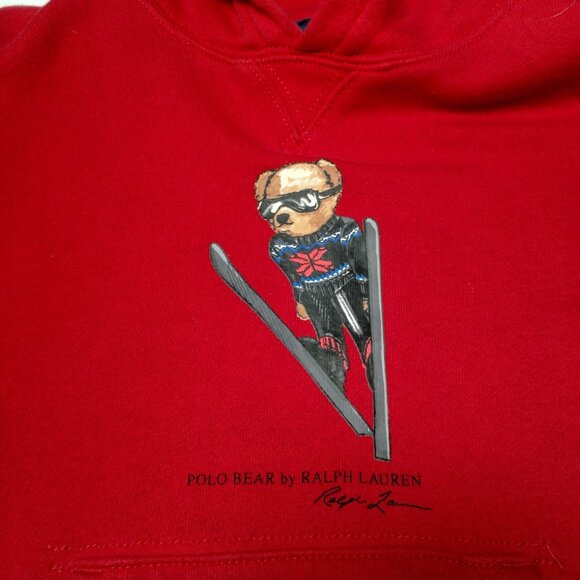Polo Bear Ralph Lauren Hoooded Sweatshirt Youth 7 Red Ski Bear Skiing Hoodie - Picture 2 of 11